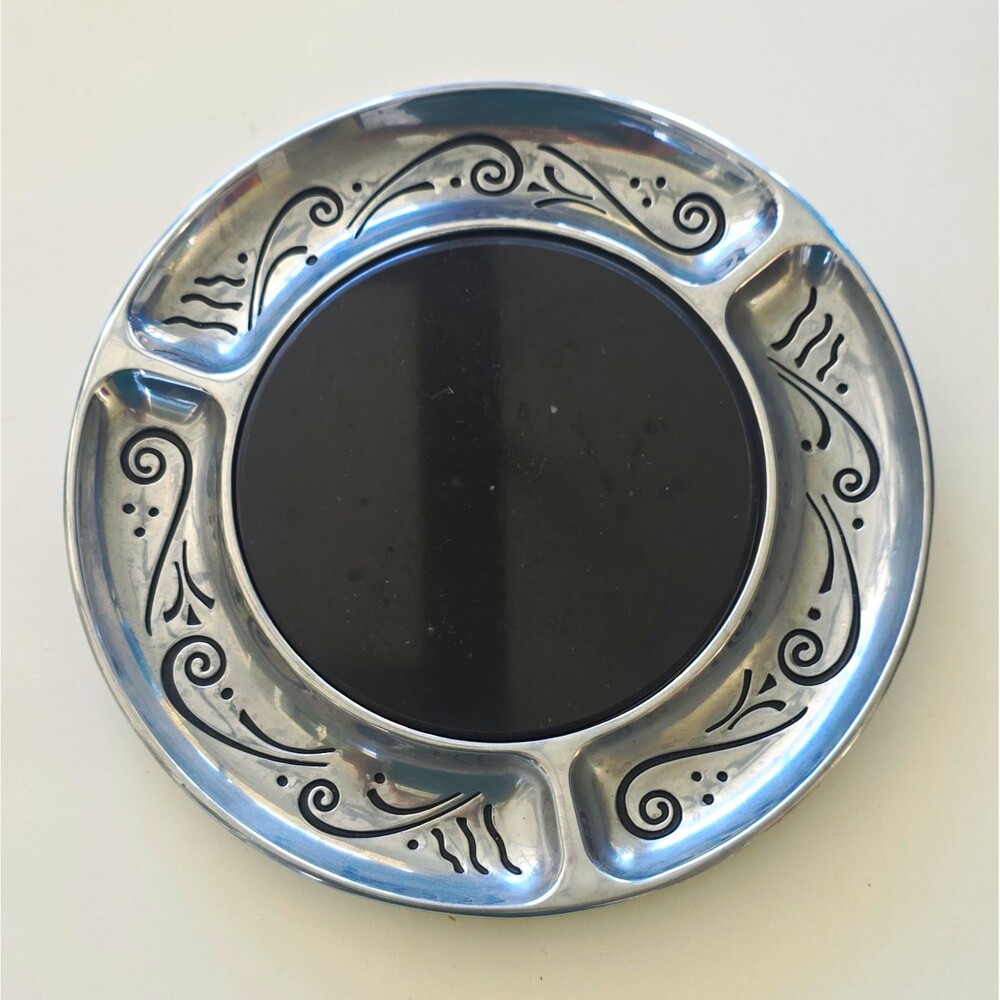 Lenox Large Round Cheese Board Tray Silver/Black Metal Stone 2pc 4 Comp Scroll